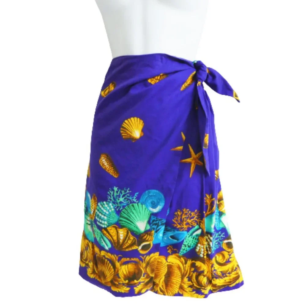 Vintage Skirt Set Ruched Side Sarong Tie Blouse Ocean Shells Theme Resort Sz M